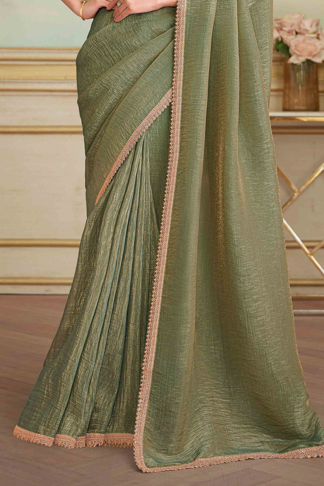 Pista Green Gold Georgette Saree With Embroidered Border