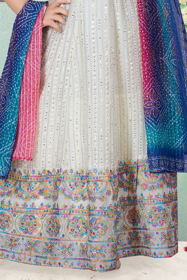 Cream Colour Printed Gown With Multi Dupatta For Girls