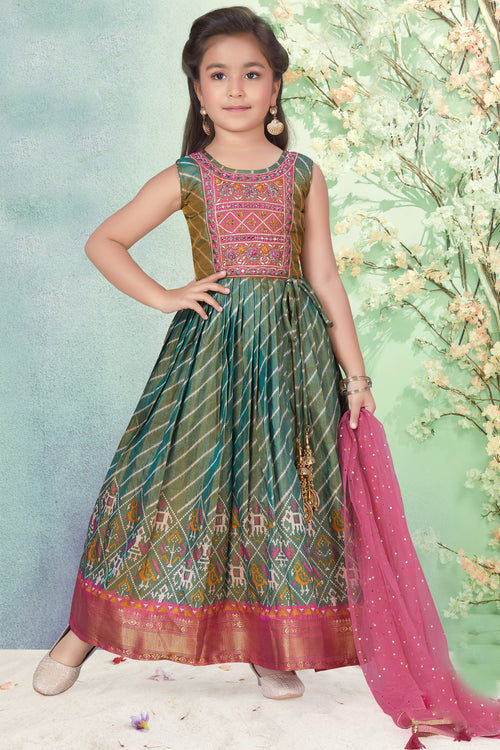 Olive Green Embroidered Gown In Silk For Girls