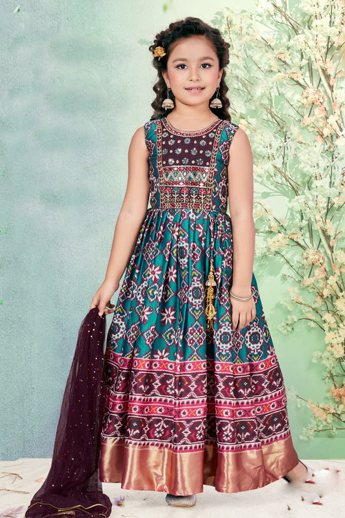 Multicolour Printed Gown In Cotton For Girls