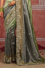 Golden Green With Grey Tissue Embroidered Wedding Wear Saree