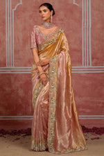 Baby Pink With Orange Tissue Embroidered Wedding Wear Saree
