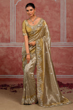 Golden and Mustard Tissue Embroidered Wedding Wear Saree