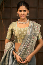 Silver Grey Embroidered Silk Saree with Zari Floral Work Wedding Wear