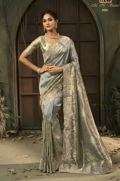 Silver Grey Embroidered Silk Saree with Zari Floral Work Wedding Wear