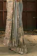 Steel Grey and Sage Green Handwork Pure Silk Designer Saree