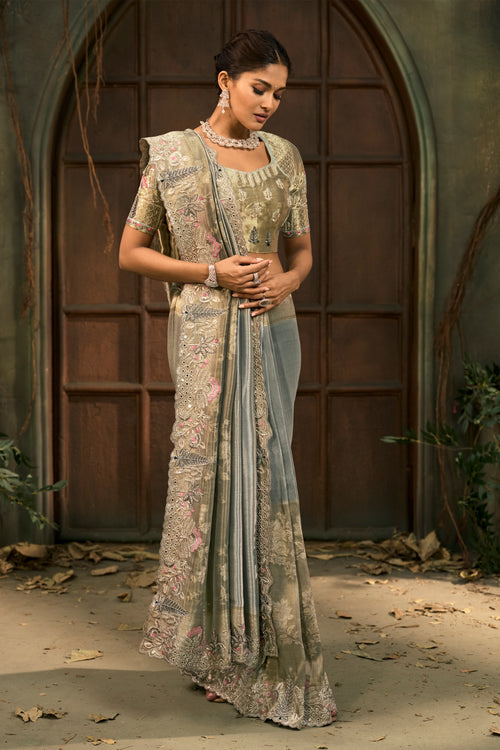 Steel Grey and Sage Green Handwork Pure Silk Designer Saree