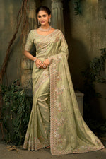 Pista Green Embroidered Silk Saree with Heavy Border Matching Blouse