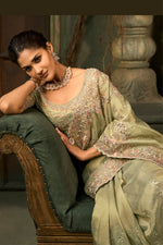 Pista Green Embroidered Silk Saree with Heavy Border Matching Blouse