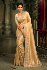 Golden Beige Silk Saree with Embroidered Border Designer Blouse