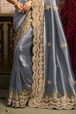 Blue Silk Saree with Heavy Gold Embroidered Border Designer Blouse