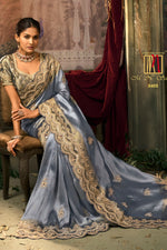 Blue Silk Saree with Heavy Gold Embroidered Border Designer Blouse