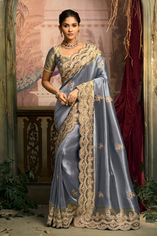 Blue Silk Saree with Heavy Gold Embroidered Border Designer Blouse