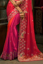 Pink Red Designer Embroidered Silk Saree with Heavy Border