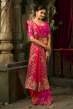Pink Red Designer Embroidered Silk Saree with Heavy Border