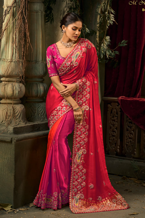 Pink Red Designer Embroidered Silk Saree with Heavy Border