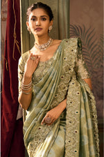 Olive Green Designer Embroidered Silk Saree with Heavy Border