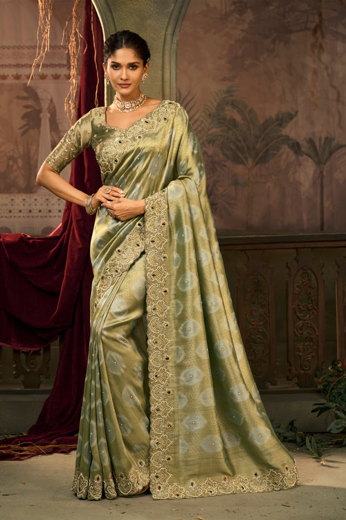 Olive Green Designer Embroidered Silk Saree with Heavy Border