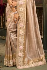 Beige Designer Embroidered Silk Saree with Floral Work Wedding Wear