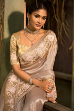 Beige Designer Embroidered Silk Saree with Floral Work Wedding Wear