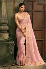Pink Designer Embroidered Silk Saree with Floral Work Wedding Wear