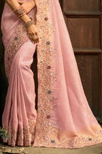 Pink Designer Embroidered Silk Saree with Floral Work Wedding Wear