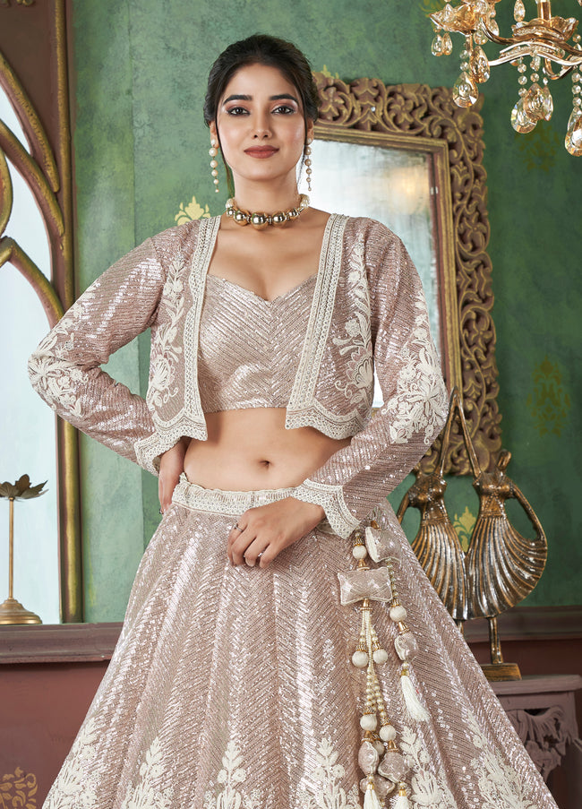 Light Brown Embroidered Net Lehenga Choli With Net Jacket