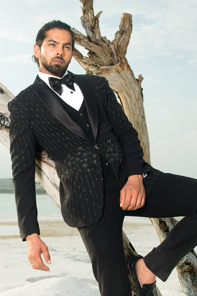 Black 3 Piece  Imported  With Cutdana Work Mens Suit