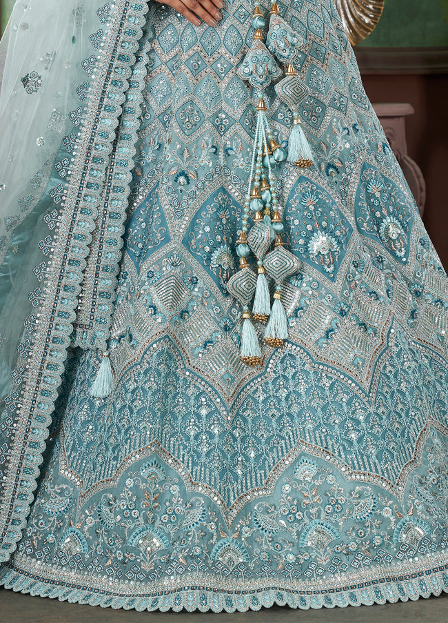 Sky Blue Premium Net Bridal Lehenga Choli