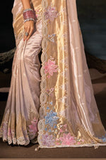 Elegant Champagne Gold Silk Saree with Multicolor Floral Embroidery