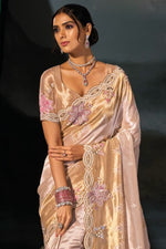 Elegant Champagne Gold Silk Saree with Multicolor Floral Embroidery