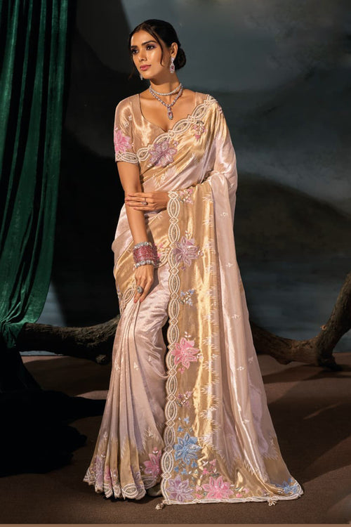Elegant Champagne Gold Silk Saree with Multicolor Floral Embroidery