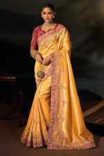 Mustarad Madhurai Silk Saree With Jari  Thread  Cut Dana  & Moti  Heavy Hand Work