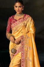 Mustarad Madhurai Silk Saree With Jari  Thread  Cut Dana  & Moti  Heavy Hand Work