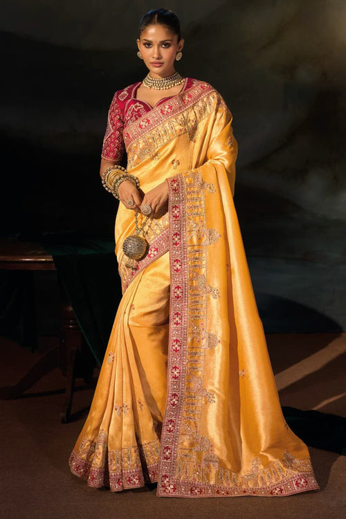 Mustarad Madhurai Silk Saree With Jari  Thread  Cut Dana  & Moti  Heavy Hand Work