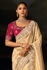Creamy Kanjivaram Jacquard Silk Wedding Festive Saree