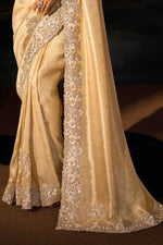 Creamy Kanjivaram Jacquard Silk Wedding Festive Saree
