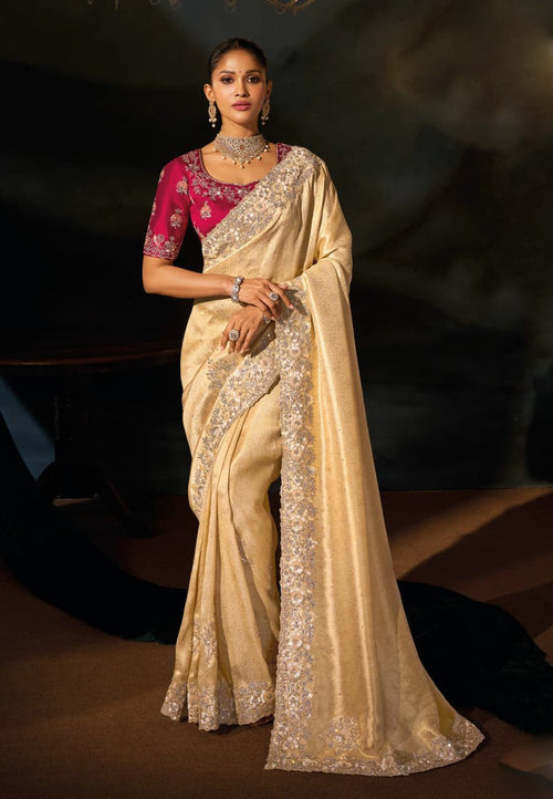 Creamy Kanjivaram Jacquard Silk Wedding Festive Saree