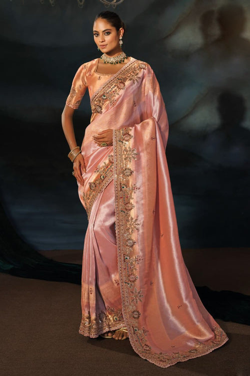 Peach Silk Wedding Wear With Heavy Work Saree