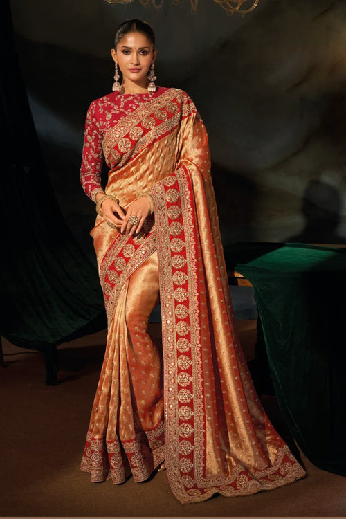 Orange Red Sabyasachi Style Silk Wedding Festive Saree