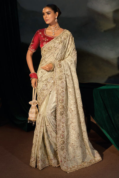 Off White Kanjivaram Silk Wedding Festive Saree