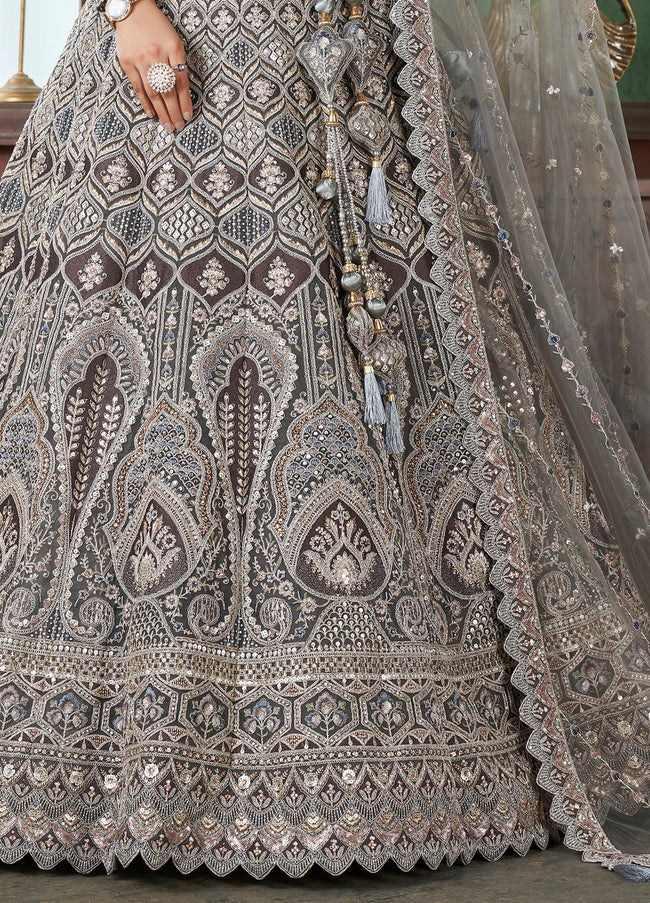 Grey Net Lehenga with Heavy Embroidery and Stone Work