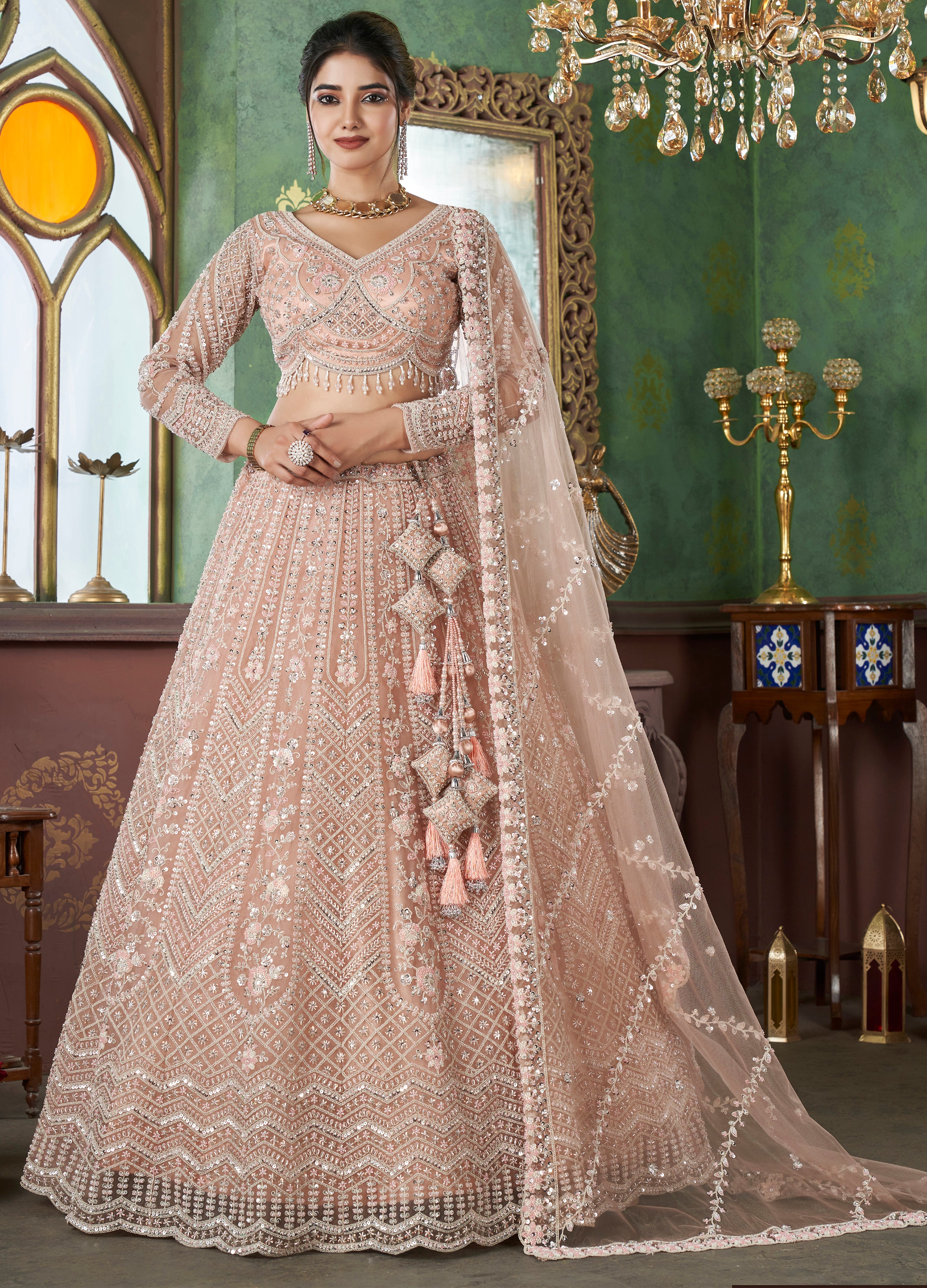 Luxury Gold Bridal Lehenga with Hand Embroidery & Net Dupatta paanericlothing Luxury Gold Bridal Lehenga with Hand Embroidery & Net Dupatta paanericlothing