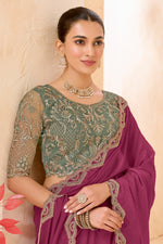 Wine Georgette Saree With Embroidered Blouse