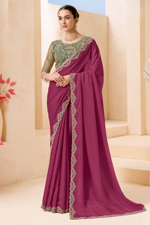 Wine Georgette Saree With Embroidered Blouse