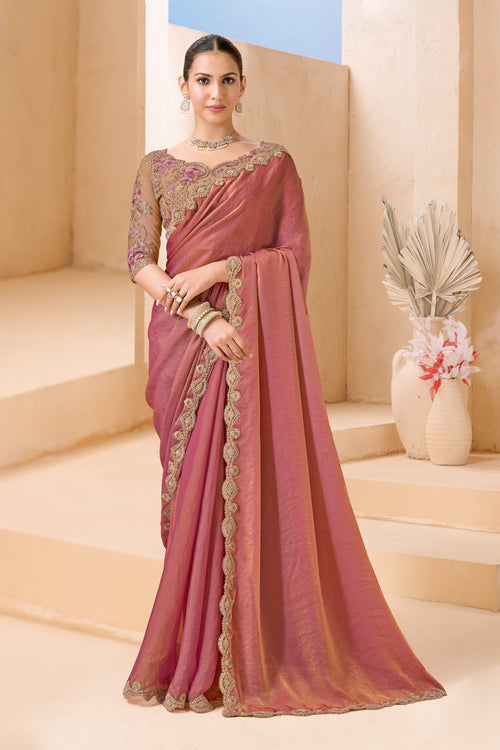 Dual Tone Pink Saree With Floral Embroidery