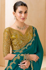 Teal Green Silk Saree Designer Embroidered Border Party Wear Saree