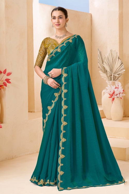 Teal Green Silk Saree Designer Embroidered Border Party Wear Saree