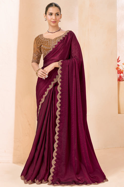 Wine Maroon Silk Saree Designer Embroidered Border Party Wear Saree