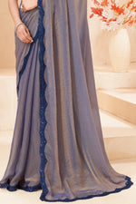 Grey Silk Saree Navy Blue Designer Embroidered Border